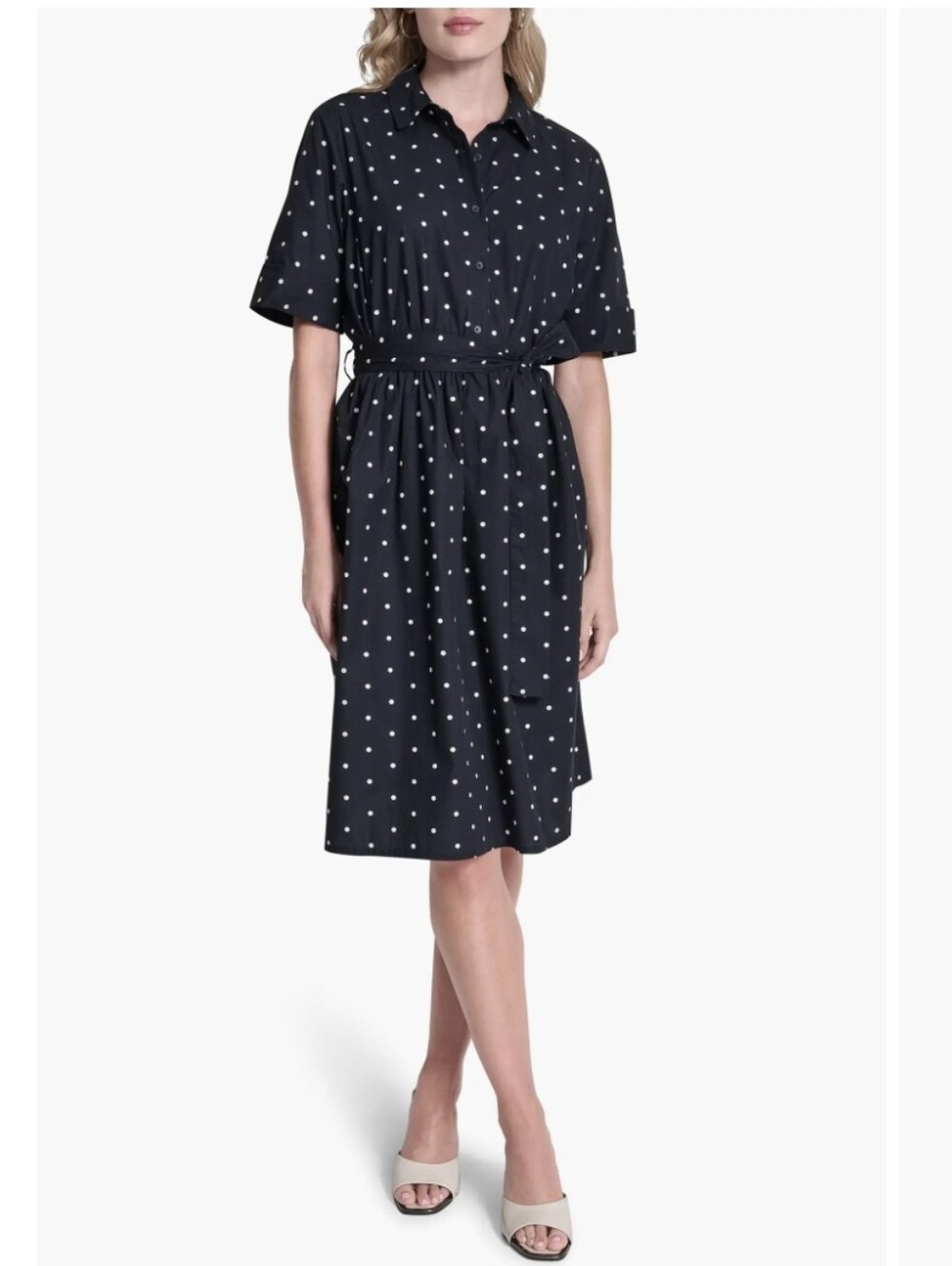 DKNY Women's Short Sleeve Collared Neck 100% Cotton Shirt Dress Navy Polka Dot